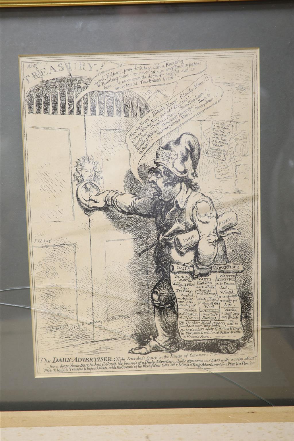 Boehm after Gillray, seven engravings, Caricatures including Political Dreamings, Political Mathematicians and Exhibition of a Dem